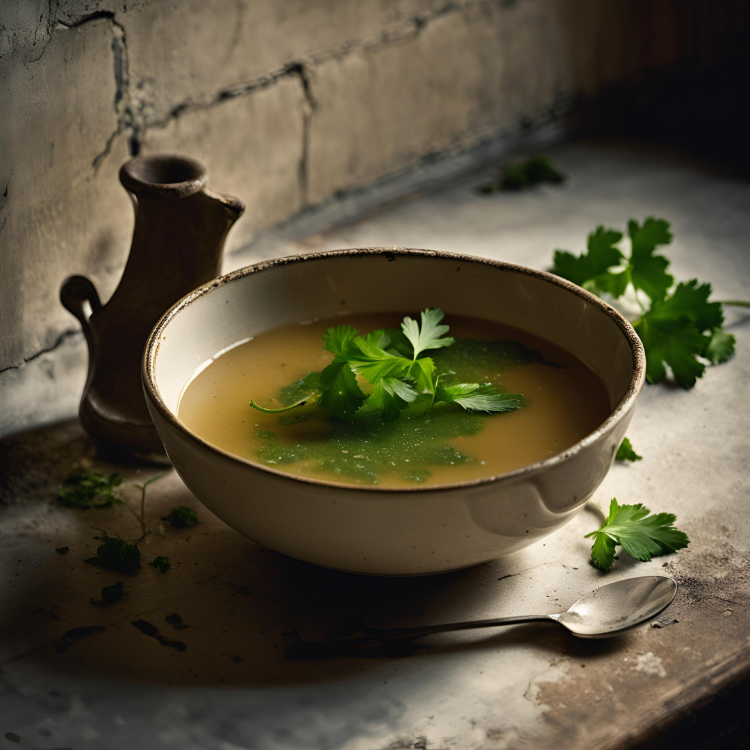 a bowl of soup with parsley in it